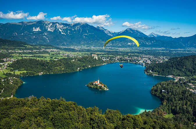 Paragliding Lake Bled - Bled Island from the air