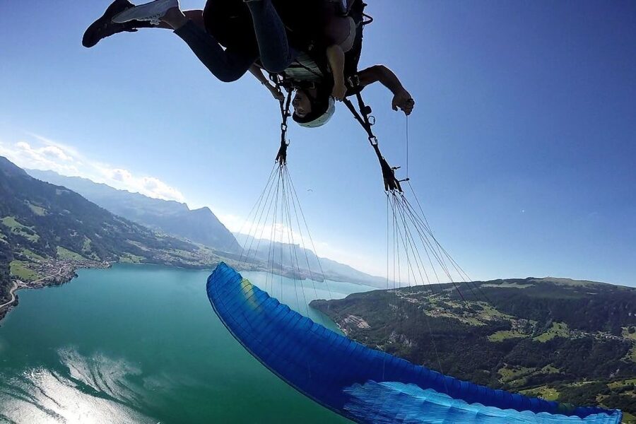 Paragliding Tandem Flight in Interlaken - Landing at Höhematte in central Interlaken